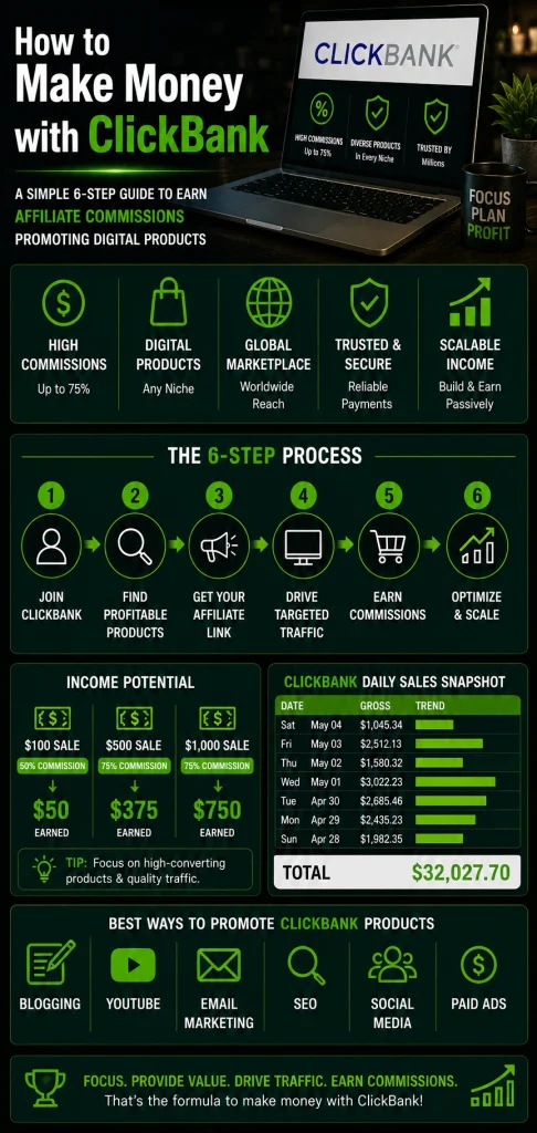 Infographic showing how to earn money as an affiliate with ClickBank