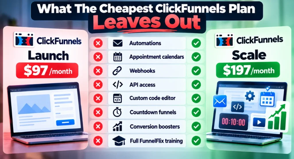 Infographic explaining the cheapest ClickFunnels plan and what features it leaves out
