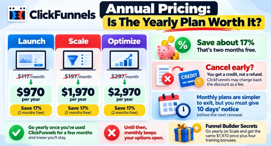 Infographic explaining the ClickFunnels annual plans and the benefits of paying yearly
