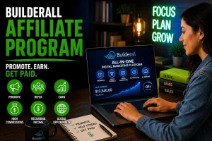 A woman doing her research on the Builderall affiliate program