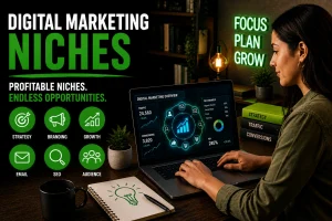 A woman researching digital marketing niches on her laptop for her next business.