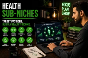A man researching health sub niches on his laptop for his next business.