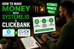 A man learning how to make money with systeme io and ClickBank on his laptop in his home office