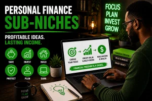 Man researching the best personal finance sub niches on his laptop