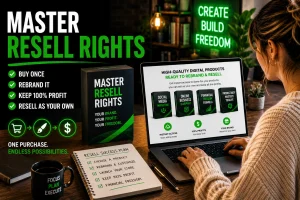 A woman creating a master resell rights product on her computer