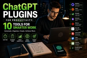 Man working with ChatGPT plugins and productivity tools