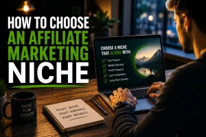 A man on a laptop choosing a niche for affiliate marketing to start his next business