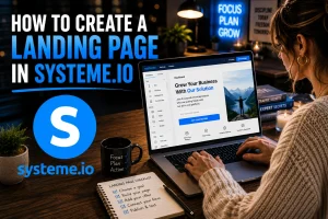 A woman creating a landing page in systeme io on her laptop