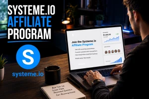 A man on a laptop looking into the Systeme io affiliate program