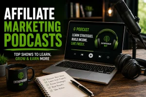 A laptop showing the best affiliate marketing podcasts