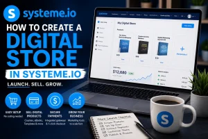 Laptop showing how to create digital stores in systeme io