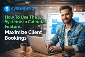 Man using the Systeme.io calendar feature on a laptop