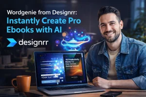 A man using WordGenie from Designrr on a laptop