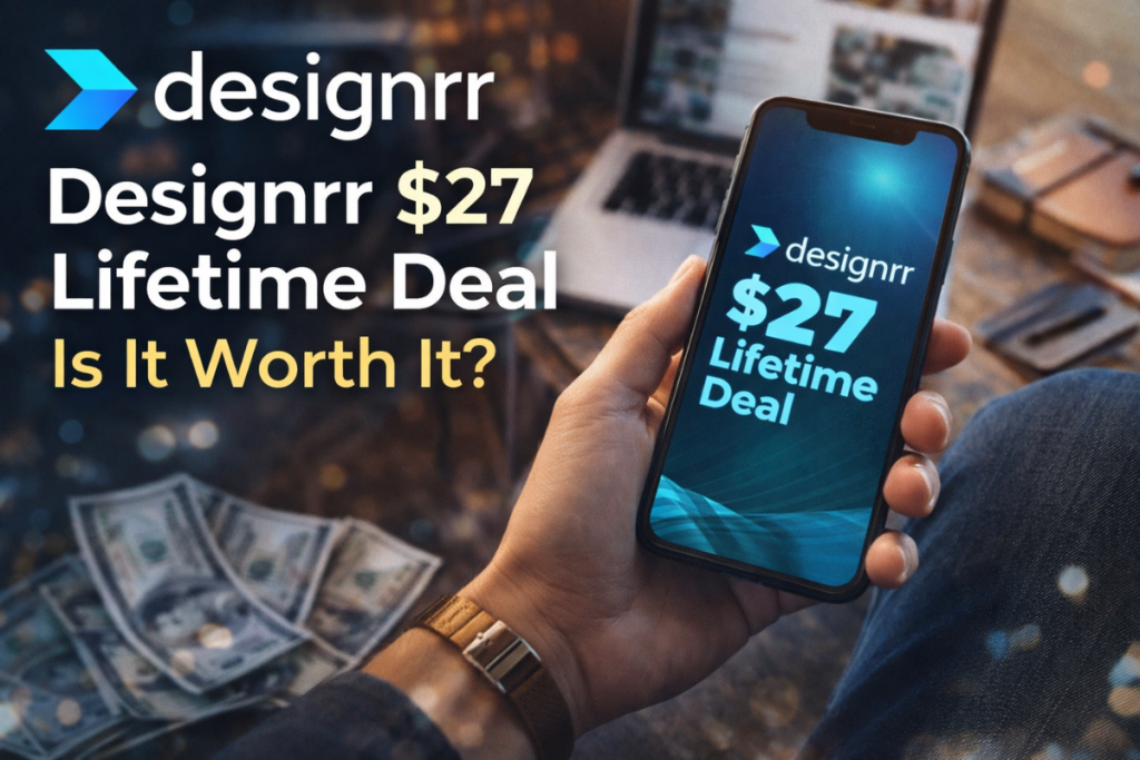 A man looking at the Designrr $27 lifetime deal on his mobile phone