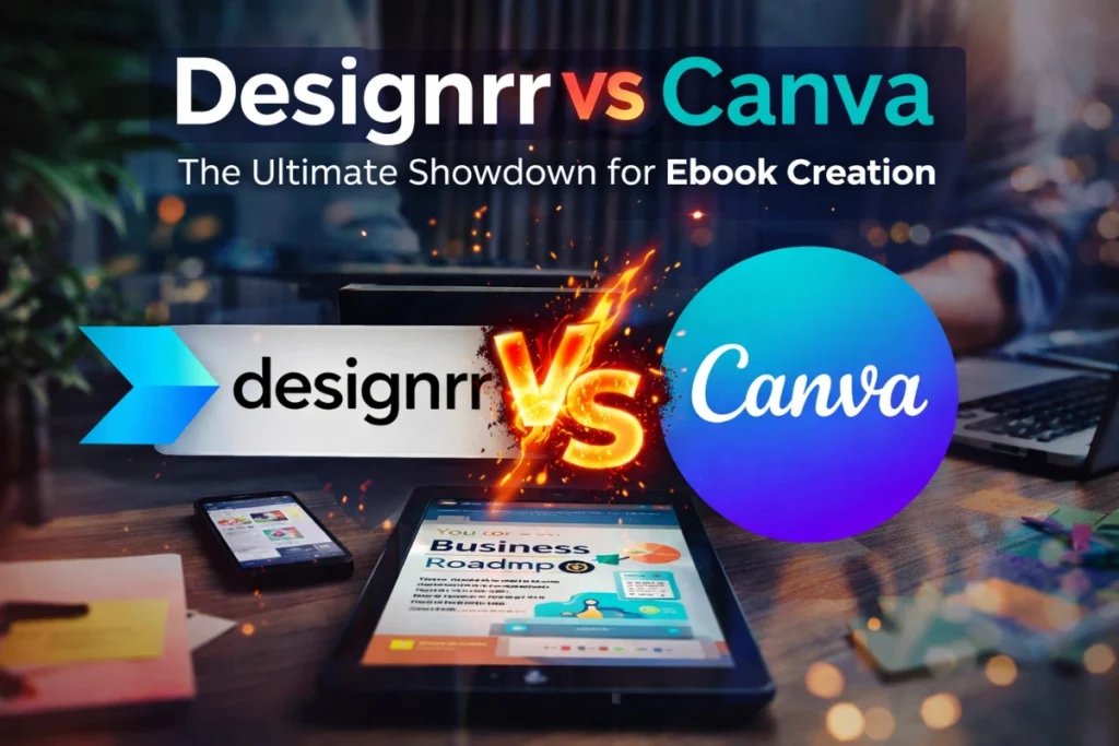 A person comparing Designrr vs Canva on a tablet device