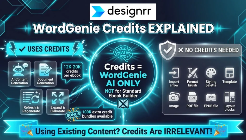 Explaining what features use WordGenie credits and what doesn't