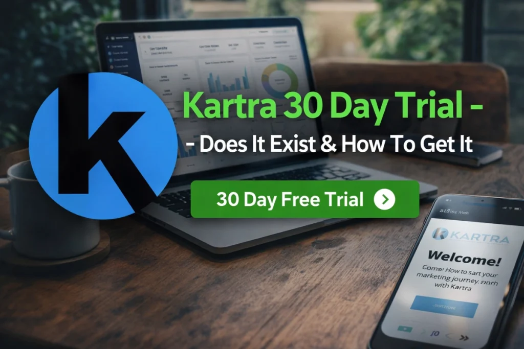 Explaining the Kartra 30 day trial- laptop and mobile phone on a home desk