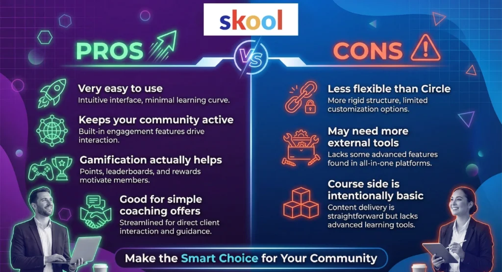 The pros and cons of Skool explained in an infographic