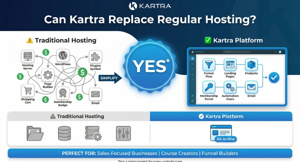 Infographic explaining how can Kartra replace regular hosting accounts