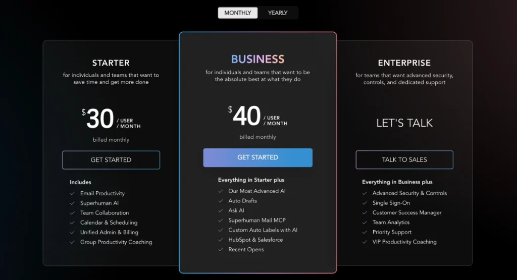 Superhuman mail pricing table