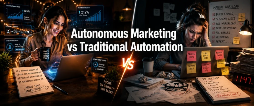 A woman switching from traditional automation to autonomous marketing