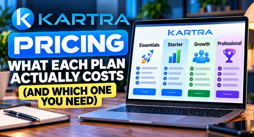 A laptop researching Kartra pricing plans and comparing the options of the 4 plans.