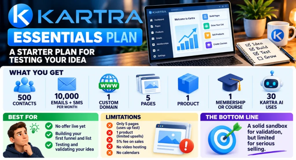 Infographic explaining the Kartra Essentials plan features and resources.